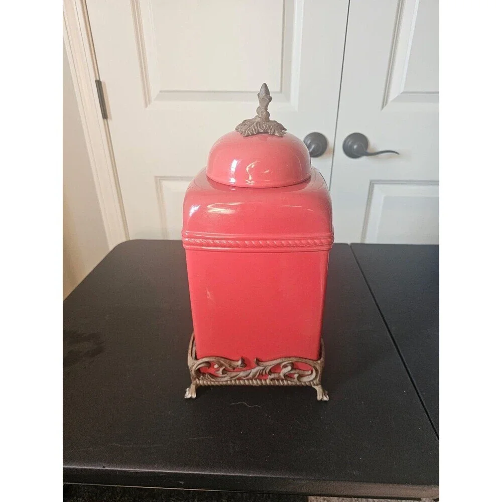 Belaverra red ceramic canister with metal base